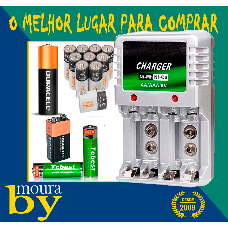 Carregador de pilhas baterias Ni-MH, Ni-Cd, AA, AAA, 9V